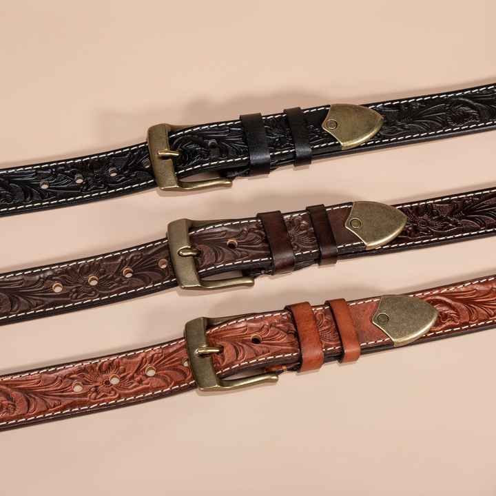 New Western Floral Engraved Embossed Genuine Leather Men's Belt With Brass Buckle Custom logo Full Grain Leather Belts for Men - 图片 2