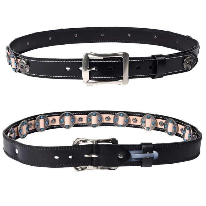 High Quality Pin Buckle Genuine Leather Punk Goth Biker Waist Belt Designer New Fashion Chrome Conchos Studded Belt for Adult - 图片 2