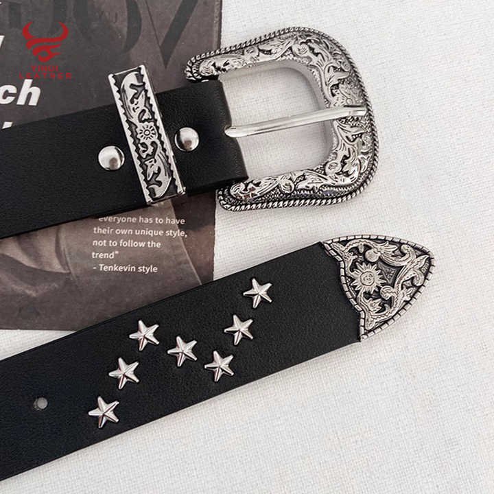 American Vintage Brown Wide Y2k Belt With Western Cowboy 3 Piece Buckle Set Studded Star Waist Belt for Women and Girls - 图片 5