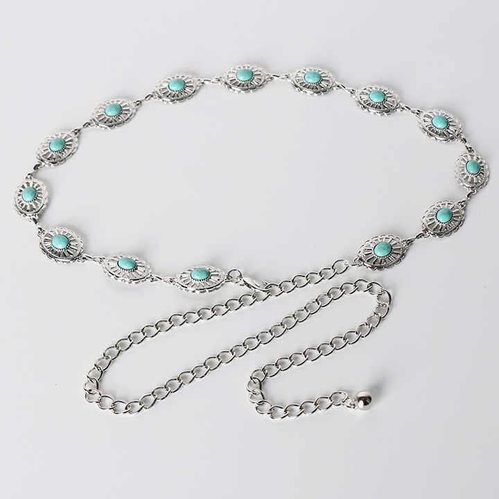 New Arrivals Fashion Accessories Golden Women Body Chain Belts Oval Turquoise Stone Lady Narrow Metal Retro Chain Belt