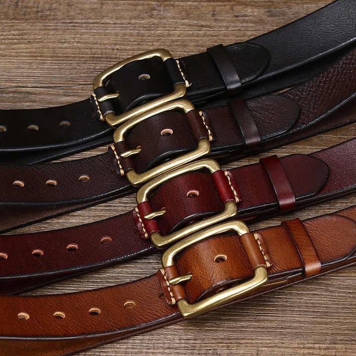 New High Quality Brass Buckle Genuine Belts Stitching Full Grain Leather Waist Belt Handmade Novelty Belt With Square Buckle - 图片 2