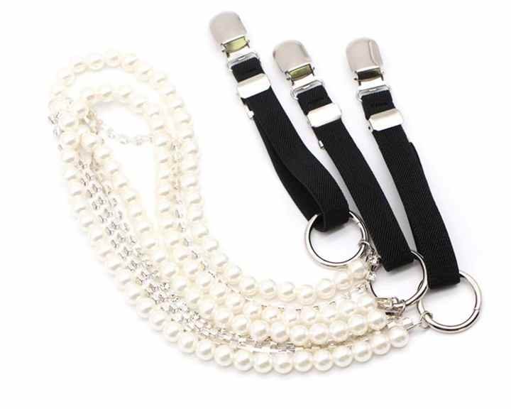 New Fashion Elastic Strength Suspender Belts Designer Blingbling Rhinestone Pearl Faux Leather Suspender Belts for Women Girls - 图片 6