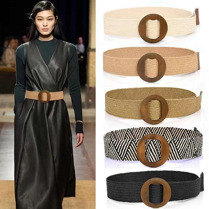 Wholesale High Quality Women PP Straw Elastic Belt Set Wooden Buckle Bamboo Wide Braided Belts - 图片 3