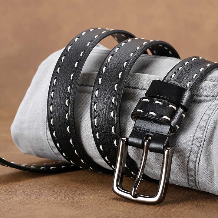Custom High Quality Pin Buck Full Grain Leather Pants Belt Designer 2025 New Fashion Retro Stitching Leather Belt for Women - 图片 6
