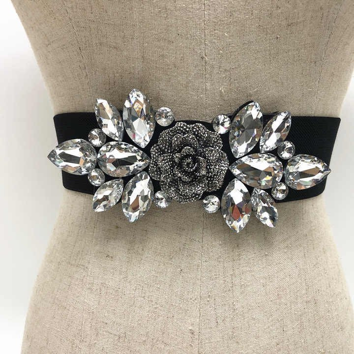 Wide Dressy Belt Plus Size Women Fancy Dress Waist Accessories for Girls Crystal Rhinestone Stretch Flower Rose Belt for Women - 图片 5