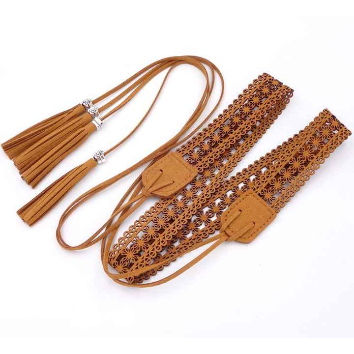 Fashion Bohemian Chain Wood Braided Knotted Tassel Waist Belt PU Leather Flower Hollow Rope Chain Belt for Girls Skirt Dress - 图片 3