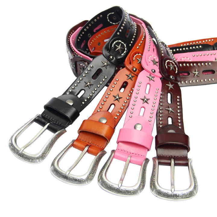 Wholesale Studded Star Western Cowgirls Belt Designer Punk Vintage Rivet Belts Hollow Out 100% Leather Belts for Women - 图片 3