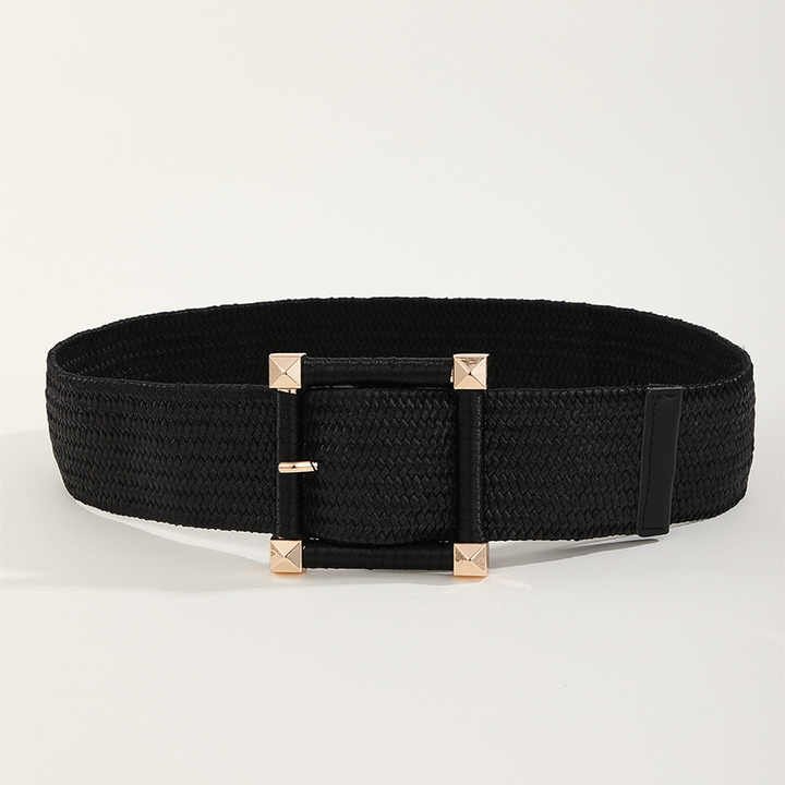 New Woven Elastic Braided Stretch Lady Belt Elastic Straw Rattan Waist Band with Square Buckle Women Golden Belts for Dresses - 图片 4