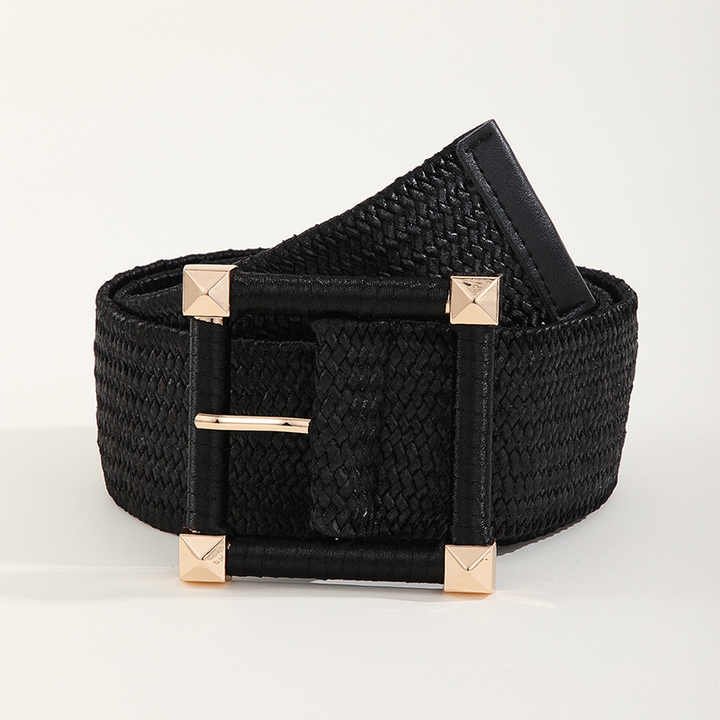 New Woven Elastic Braided Stretch Lady Belt Elastic Straw Rattan Waist Band with Square Buckle Women Golden Belts for Dresses - 图片 3