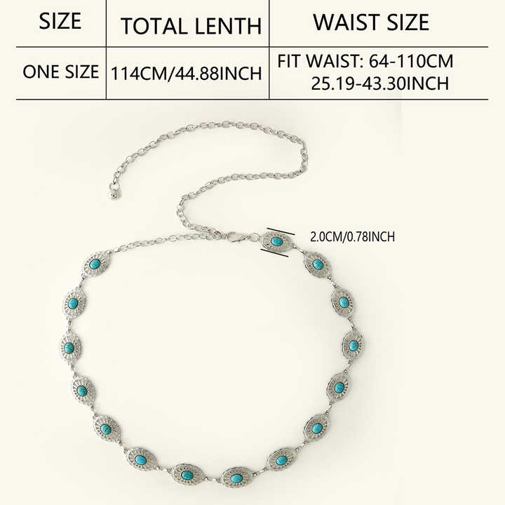 New Arrivals Fashion Accessories Golden Women Body Chain Belts Oval Turquoise Stone Lady Narrow Metal Retro Chain Belt - 图片 6