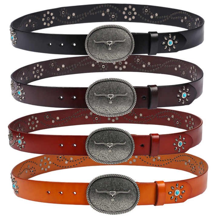 New Tread Punk Bull Buckle Genuine Leather Belt With LongHorn Bull Buckles Adjustable Cowhide Leather Belt for Western Cowboy - 图片 6