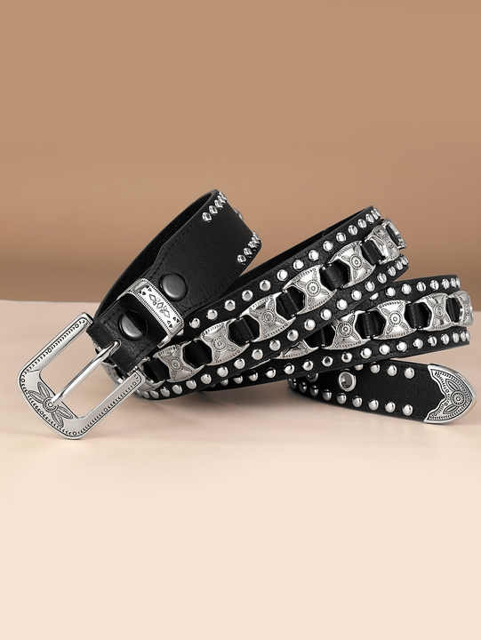 2023 New Fashion Punk Style Pin Buckle PU Belt for Western Cowboy Cowgirl Designer Black Studded Metal Goth Belt for Women Men - 图片 3