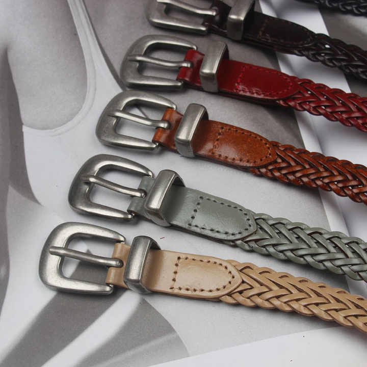 Manufacture Wholesale New Braided Cowhide Leather Belt for Dresses Jeans Pants 3 Pics Pin Buckle Woven Leather Belts for Women - 图片 3