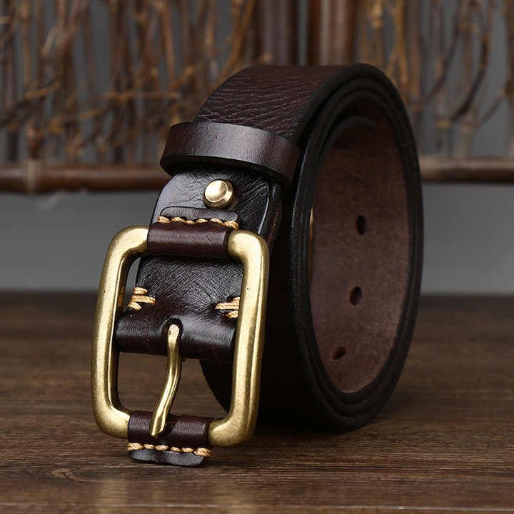 New High Quality Brass Buckle Genuine Belts Stitching Full Grain Leather Waist Belt Handmade Novelty Belt With Square Buckle - 图片 6