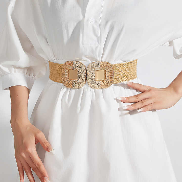2024 Fashion Boho Summer Big Symmetrical Buckle Straw PP Straw Belt Wide Elastic Stretch Woven Waistband Belt for Women - 图片 6
