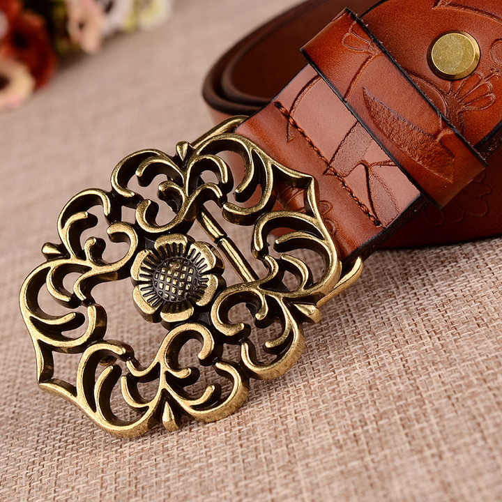 New Designer 100% Leather Belt With Hollow Flower Belt Buckle for Lady Carving Pattern Genuine Leather Vintage Waist Belt Women - 图片 2