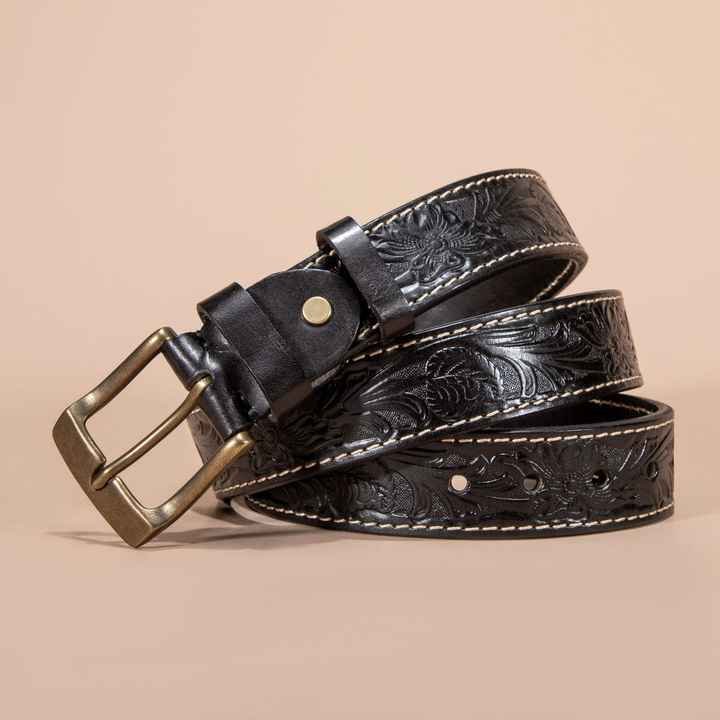 New Western Floral Engraved Embossed Genuine Leather Men's Belt With Brass Buckle Custom logo Full Grain Leather Belts for Men - 图片 5