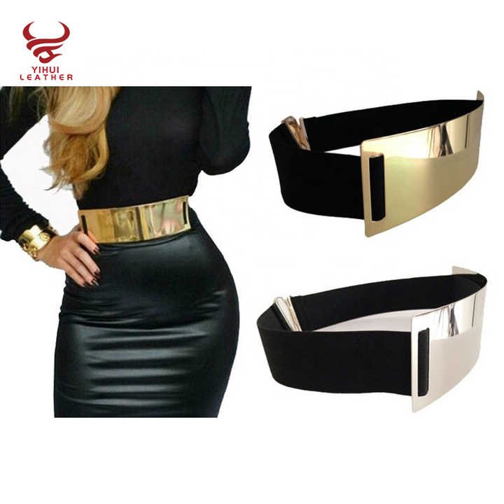 Hot Sale Designer Golden Elastic Strength Skinny Body Waist Belts for Woman Gold Brand Metal Mirror Elastic Ladies Dress Belt - 图片 2