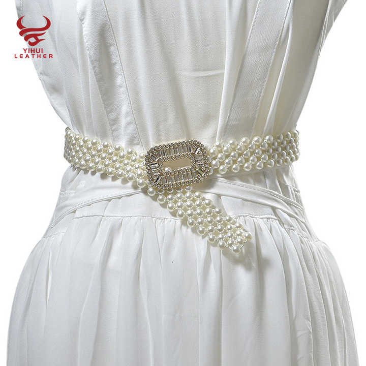 Fashion Women Pearl Waist Belts Elastic Strength Crystal Pearl Belts Women Elastic White Pearl Chain Belt for Girls Dress