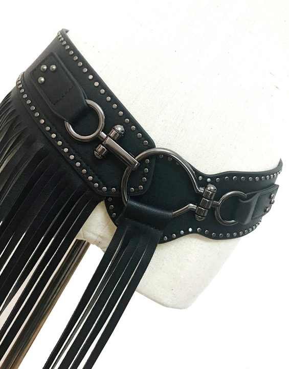 New Trendy Black Faux Leather Punk Rocker Dance Waist Dress Belt Vintage Black PU Leather Tassel Fringe Skirt Belt for Girls - 图片 5