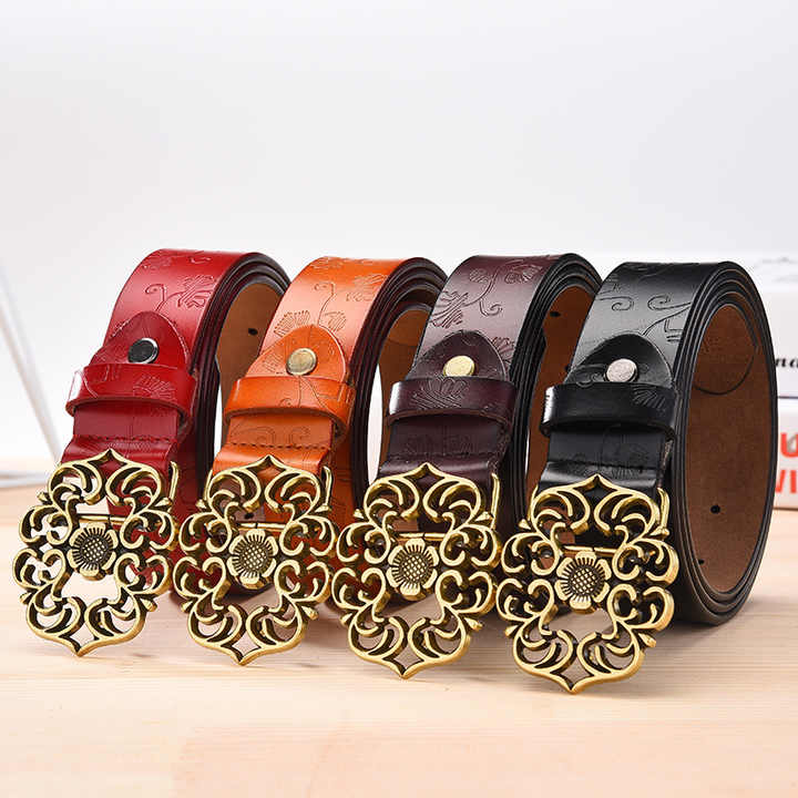New Designer 100% Leather Belt With Hollow Flower Belt Buckle for Lady Carving Pattern Genuine Leather Vintage Waist Belt Women - 图片 5