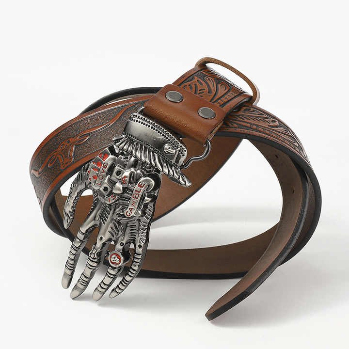 Leather Straps With Gothic Viking Skull Hand Belt Buckle Cowboy Style Genuine Leather Men Belt With Punk Skeleton Hand Belt Buck - 图片 5