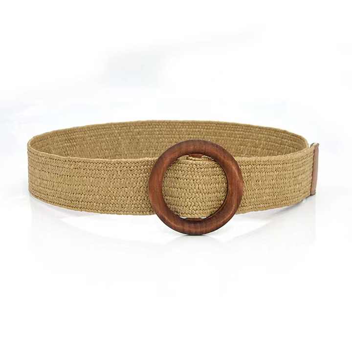 Wholesale High Quality Women PP Straw Elastic Belt Set Wooden Buckle Bamboo Wide Braided Belts - 图片 6
