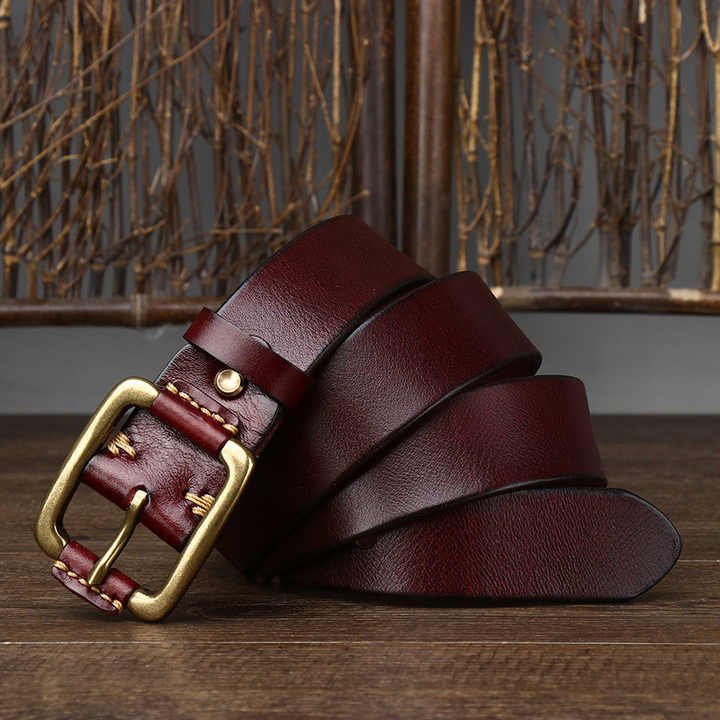 New High Quality Brass Buckle Genuine Belts Stitching Full Grain Leather Waist Belt Handmade Novelty Belt With Square Buckle - 图片 5