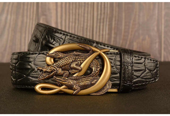 2024 New Crocodile Pattern Automatic Buckle Belt Men's Cowhide Casual 100% Leather Belt Personality Jeans Belt Boys - 图片 5