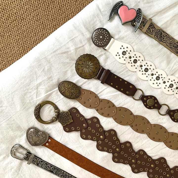 Metal Buckle Western Cowboy Hollow Disc Belt Vintage Soft PU Leather Waist Belt Wide Boho Disc Concho Leather Y2K Belt for Women - 图片 6