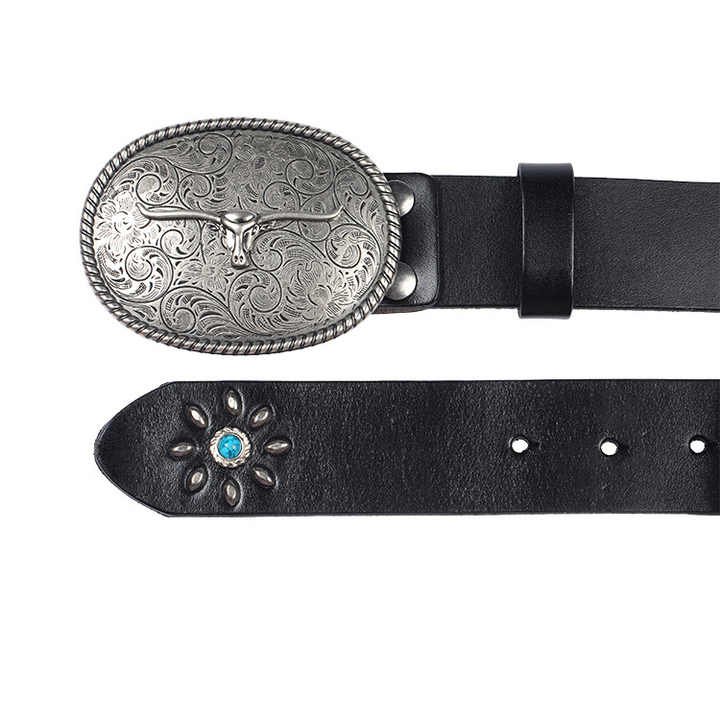 New Tread Punk Bull Buckle Genuine Leather Belt With LongHorn Bull Buckles Adjustable Cowhide Leather Belt for Western Cowboy - 图片 2