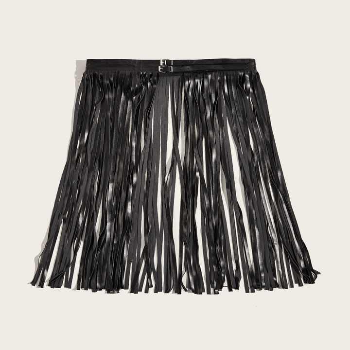 New Trendy Black Faux Leather Punk Rocker Dance Waist Dress Belt Vintage Black PU Leather Tassel Fringe Skirt Belt for Girls - 图片 6