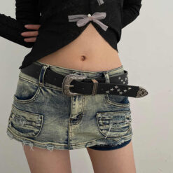 American Vintage Brown Wide Y2k Belt With Western Cowboy 3 Piece Buckle Set Studded Star Waist Belt for Women and Girls