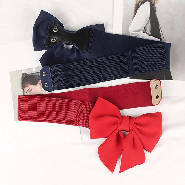 2024 Fashion Lady Wide Waistbands Elastic Stretchy Belt Double Metal Buckle Waistband Bow Corset Belt for Women - 图片 2