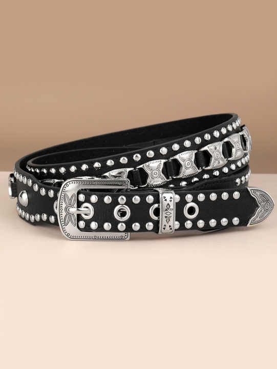 2023 New Fashion Punk Style Pin Buckle PU Belt for Western Cowboy Cowgirl Designer Black Studded Metal Goth Belt for Women Men - 图片 2