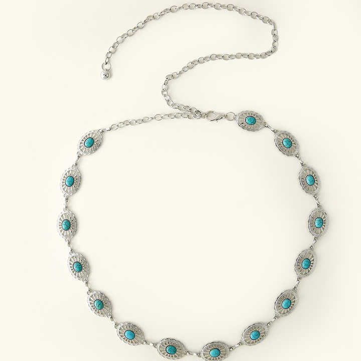 New Arrivals Fashion Accessories Golden Women Body Chain Belts Oval Turquoise Stone Lady Narrow Metal Retro Chain Belt - 图片 5