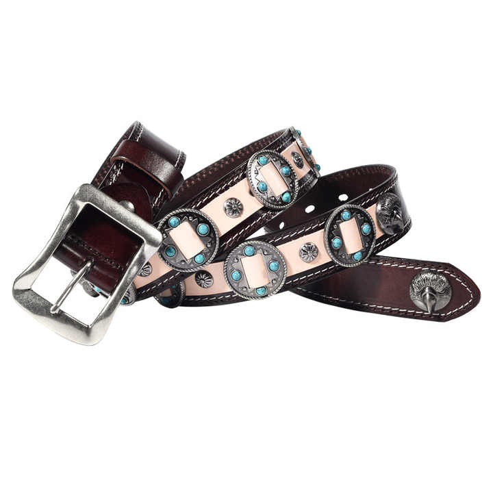 High Quality Pin Buckle Genuine Leather Punk Goth Biker Waist Belt Designer New Fashion Chrome Conchos Studded Belt for Adult - 图片 4