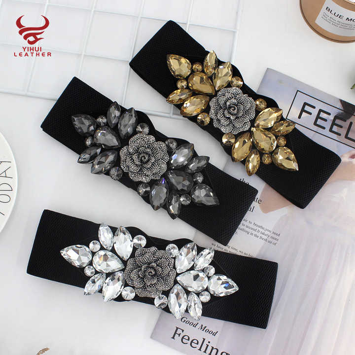 Wide Dressy Belt Plus Size Women Fancy Dress Waist Accessories for Girls Crystal Rhinestone Stretch Flower Rose Belt for Women - 图片 2