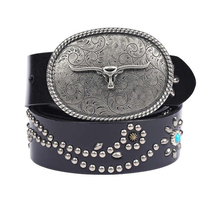 New Tread Punk Bull Buckle Genuine Leather Belt With LongHorn Bull Buckles Adjustable Cowhide Leather Belt for Western Cowboy