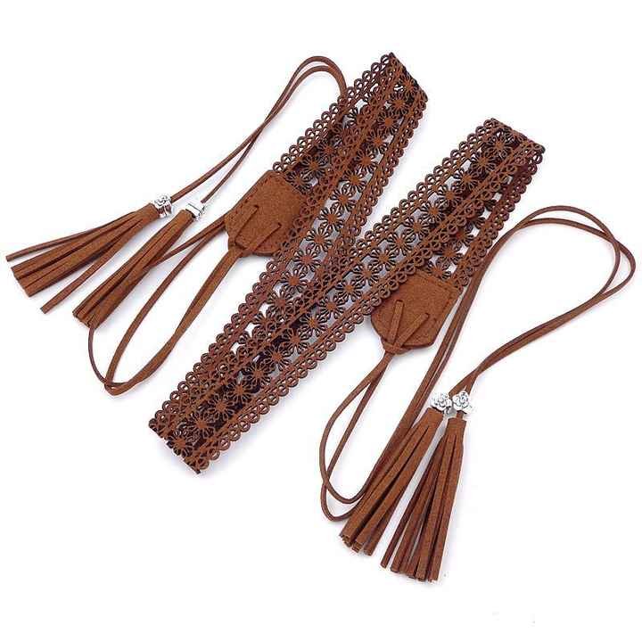 Fashion Bohemian Chain Wood Braided Knotted Tassel Waist Belt PU Leather Flower Hollow Rope Chain Belt for Girls Skirt Dress - 图片 5