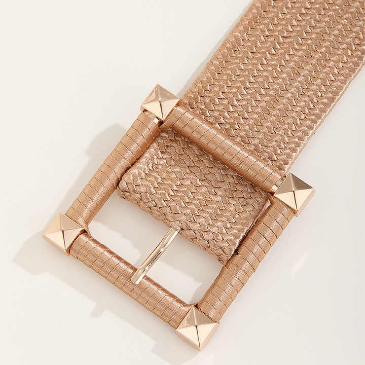 New Woven Elastic Braided Stretch Lady Belt Elastic Straw Rattan Waist Band with Square Buckle Women Golden Belts for Dresses - 图片 6