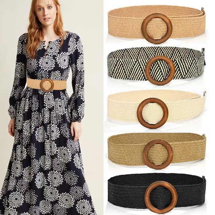Wholesale High Quality Women PP Straw Elastic Belt Set Wooden Buckle Bamboo Wide Braided Belts - 图片 4
