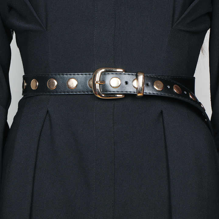 PU Leather Stud-Detailed Buckled Belt Rivet Jean Pants Rock Metal Belts Punk Studded Plus Black Eyelet Belt for Fashion Girls - 图片 2