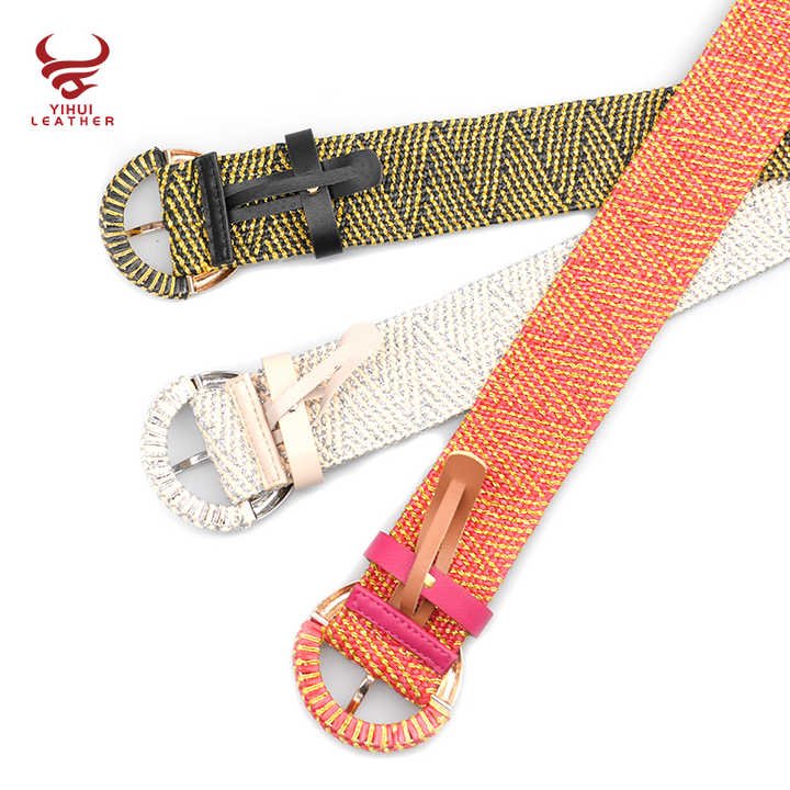 Boho Style PP Straw Round Buckle Waist Belt Colorful Elastic Belt for Youngers 2025 New Designer Braided Women PP Straw Belt - 图片 2