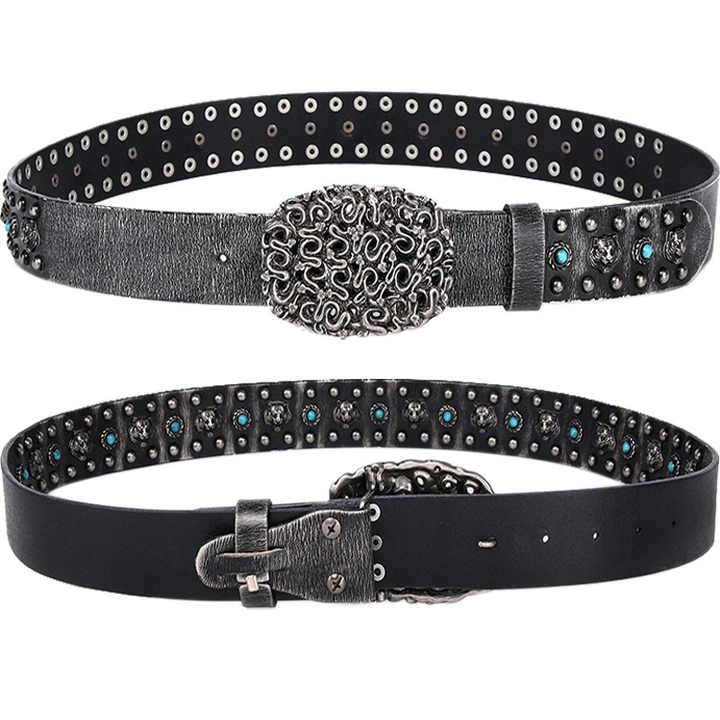 Vintage Punk Stone studded 38cm Width Genuine Leather Waist Belts Western studded Turquoise Belt for Cowboys Cowgilrs - 图片 2