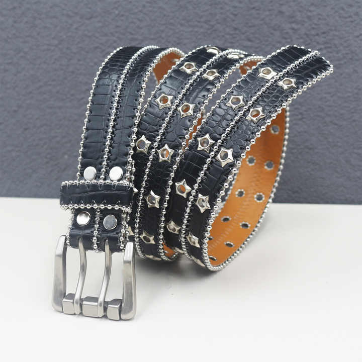 New Studded Double Eyelet Holes Belts Black Goth Punk Metal Jean Belt Hip Hop Style Double Grommet PU Leather Belt for Women Men - 图片 4