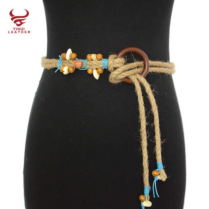Summer Vintage Pattern Handmade Wax Round Wooden Buckle Beads Braided Waist Ethnic Rope Belts - 图片 6