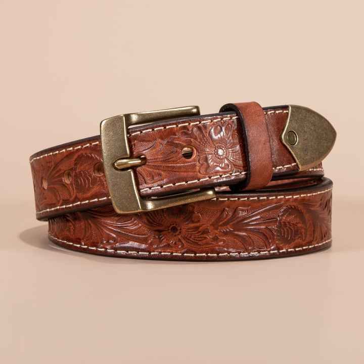 New Western Floral Engraved Embossed Genuine Leather Men's Belt With Brass Buckle Custom logo Full Grain Leather Belts for Men