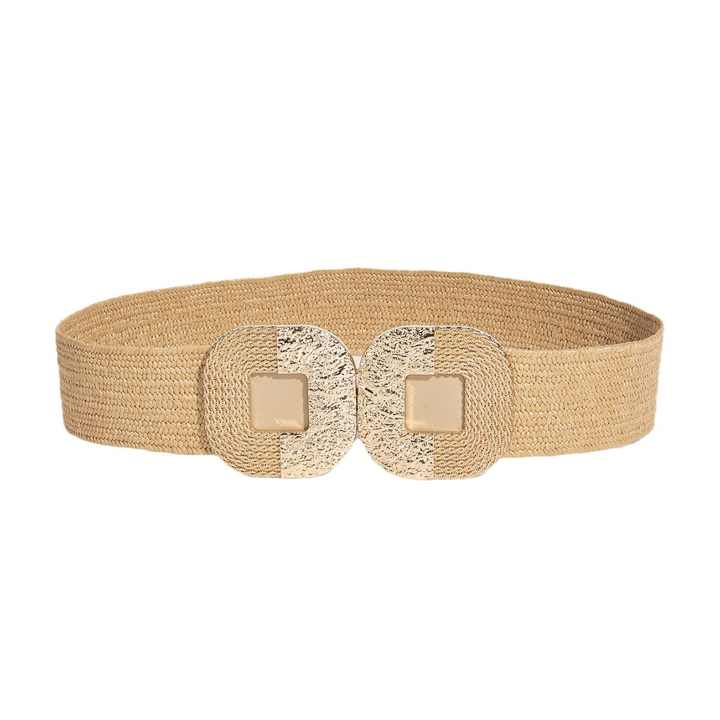 2024 Fashion Boho Summer Big Symmetrical Buckle Straw PP Straw Belt Wide Elastic Stretch Woven Waistband Belt for Women - 图片 5