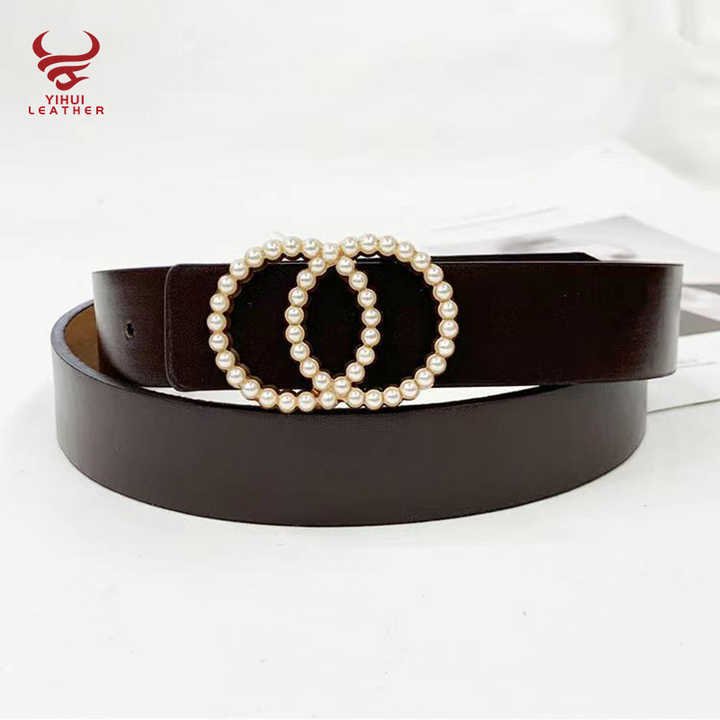 Fashion New Style Faux Leather Double O-Ring Buckle Belt for Women PU Leather Pearl Waist Belts for Lady Dress - 图片 3
